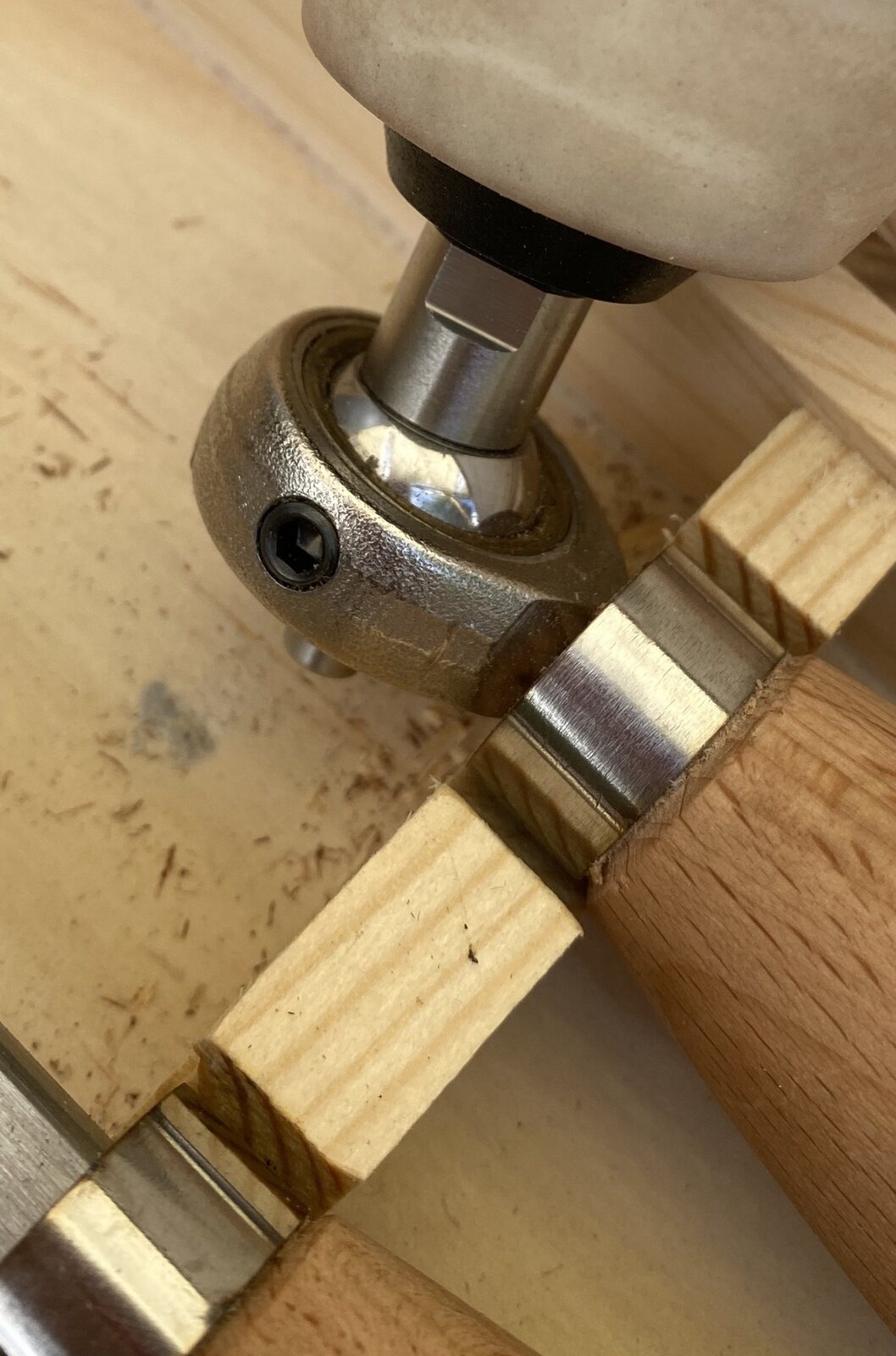 Wood-turning tool detail in a school workshop